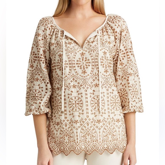 Ralph Lauren Tops - Ralph Lauren Women's Eyelet Cream and Brown Embroidered Blouse